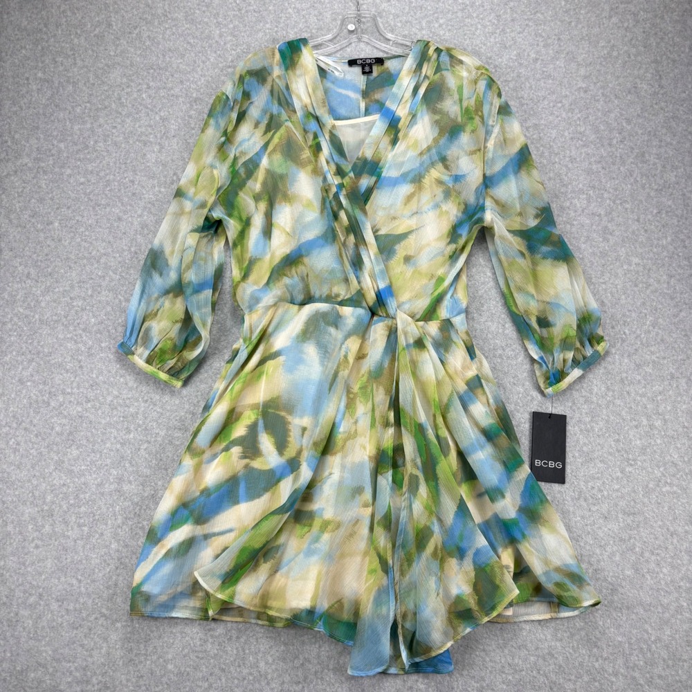 BCBG Romper Womens 8 Blue Green Abstract Surplice V-Neck Chiffon Party Chic NWT